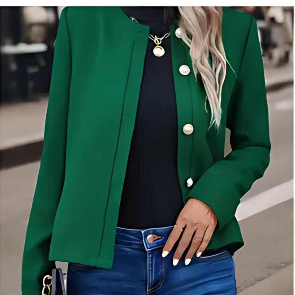 Elegant Button Front Crew Neck Jacket in Dark Green